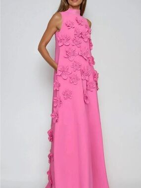Sleeveless Pink Maxi Dress with 3D Floral Appliqués